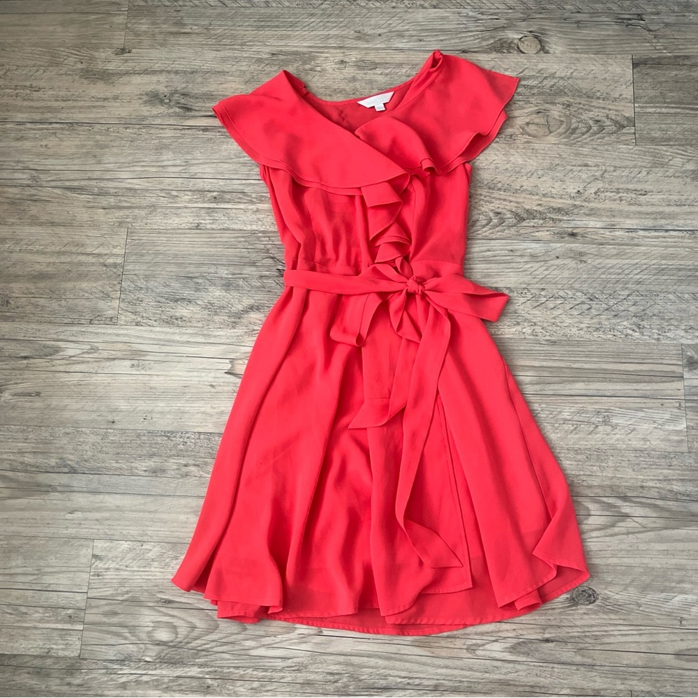 Charming Charlie Coral Ruffle Dress M Adj Waist Belt Tie Sheer Top Lined Skirt.